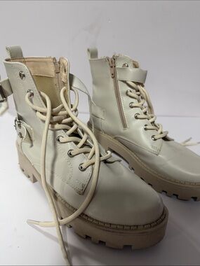 Cream Lace-Up Combat Boots with Side Zip and Lug Sole